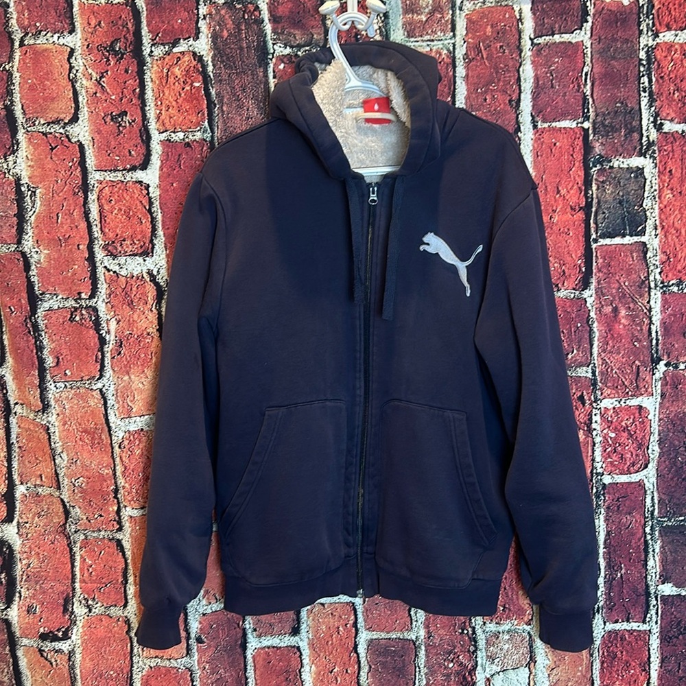 Puma sports lifestyle furry sweatshirt hoodie  navy men’s size Medium